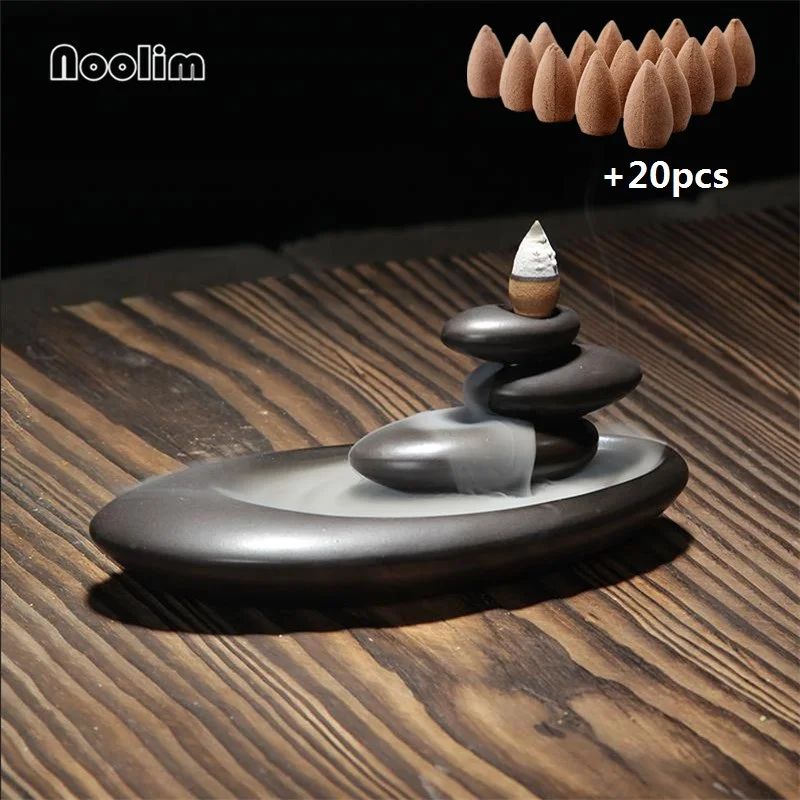 

Backflow Incense Burner Home Office Decor Creative Ceramic Buddhist Censer Aromatherapy Incense Holder + 20Pcs Incense Cones