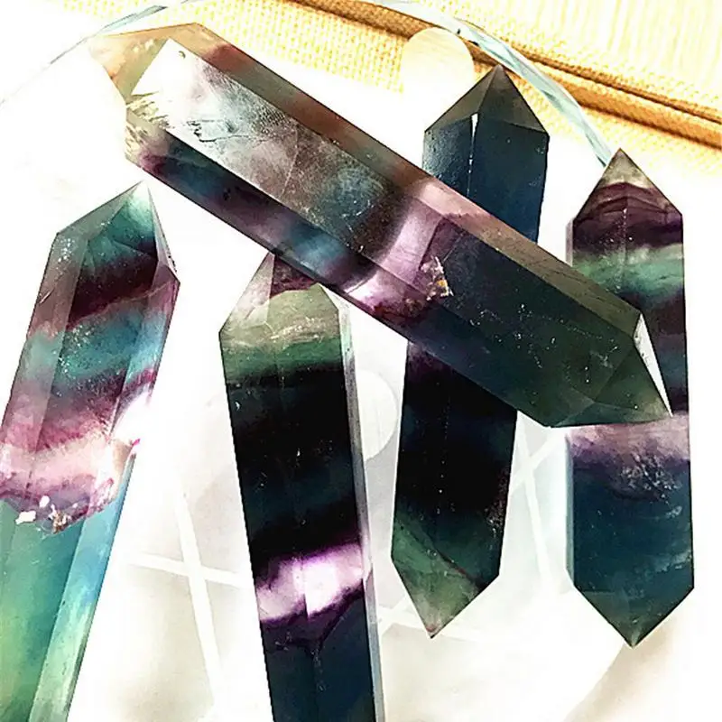 100% Natural Fluorite Crystal Colorful Striped Fluorite Quartz Crystal Stone Point Healing Hexagonal Wand  Stone #CO