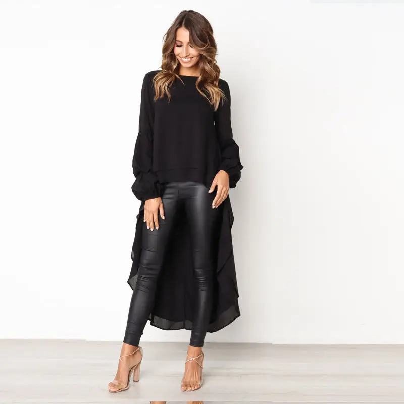 

Solid Chiffon Women Long Shirts Blouses Fashion Casual Lantern Long Sleeve Knot Asymmetrical Hem Blouses