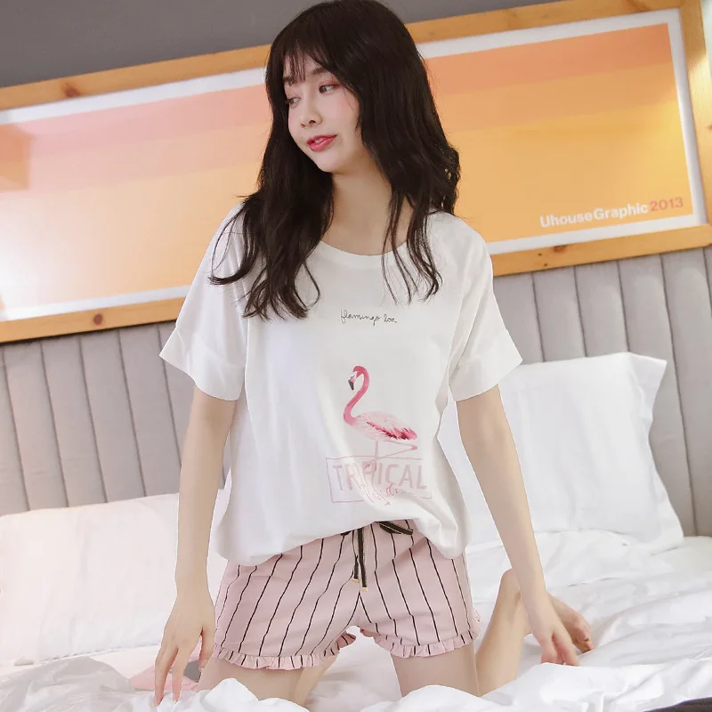 

2019 Cotton Pajama Sets For Women Flamingos Short Sleeved + Shorts Home Suit Summer Nightly Recommended Female Home Clothing