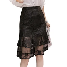 Pengpious Черная кружевная юбка модная офисная Дамская Юбка До Колена кружевная юбка с рыбьим хвостом Сексуальная Женская высокая талия невидимая молния сзади