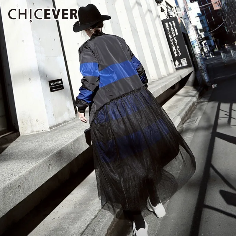 

CHICEVER Patchwork Mesh Trench Coat For Women's Windbreaker Hit Color Single Breasted Long Sleeve Trench Female Coat Fashion New