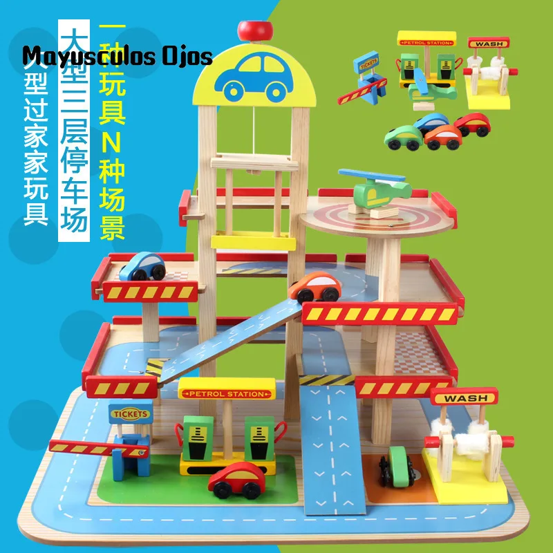 

1Set Children's Play House Toy Simulation Large Three-dimensional Three-layer Wooden Parking Lot Toy Set Assembled Car Track