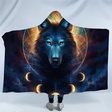 Одеяло с капюшоном и рисунком Ловец снов из микрофибры для взрослых и детей с изображением Луны и затмения, галактики, волка, шерпы, флисовое переносное одеяло