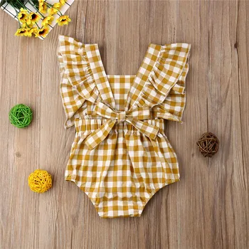

Hot Sale Baby Boy Clothes Fashion Yellow Plaid Print Sleeveless Baby Girls Ruffles Bodysuit Jumpsuits Summer Baby Boys Sunsuits