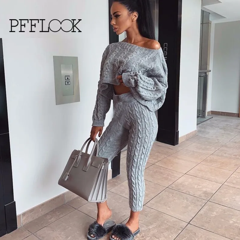

PFFLOOK Sexy Knitted Two Piece Set Long Sleeve Elegant Women 2 Piece Set 2019 Fashion Summer High Waist Two Piece Outfits