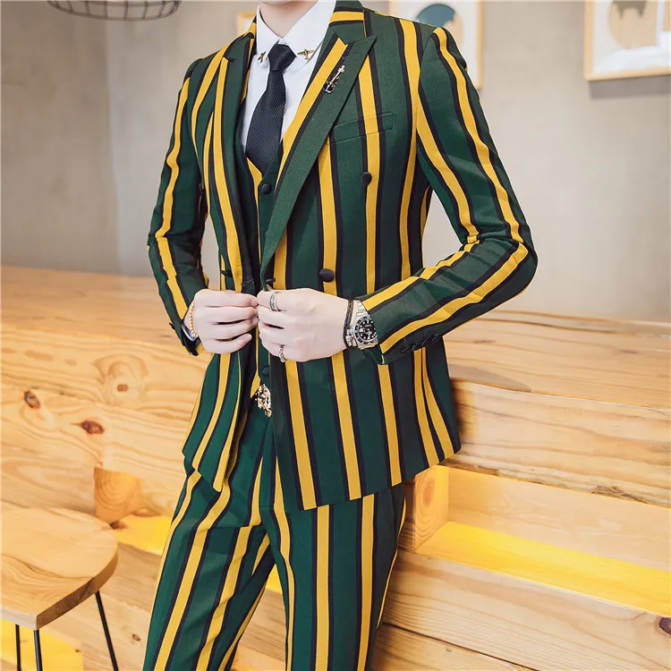 

2017 Vintage Stripe Suit Latest Coat Pant Designs Yellow Red Green Stripe Vestito Uomo Smoking Masculino Costume Homme Mariage