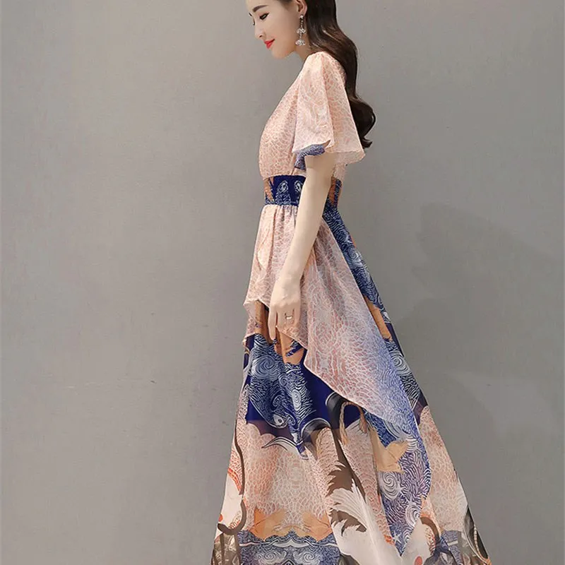 

Summer Women Korean Boho Chiffon Print Dress Plus Size Short Sleeve Beach Dress V-Neck Maxi Dress Vestido