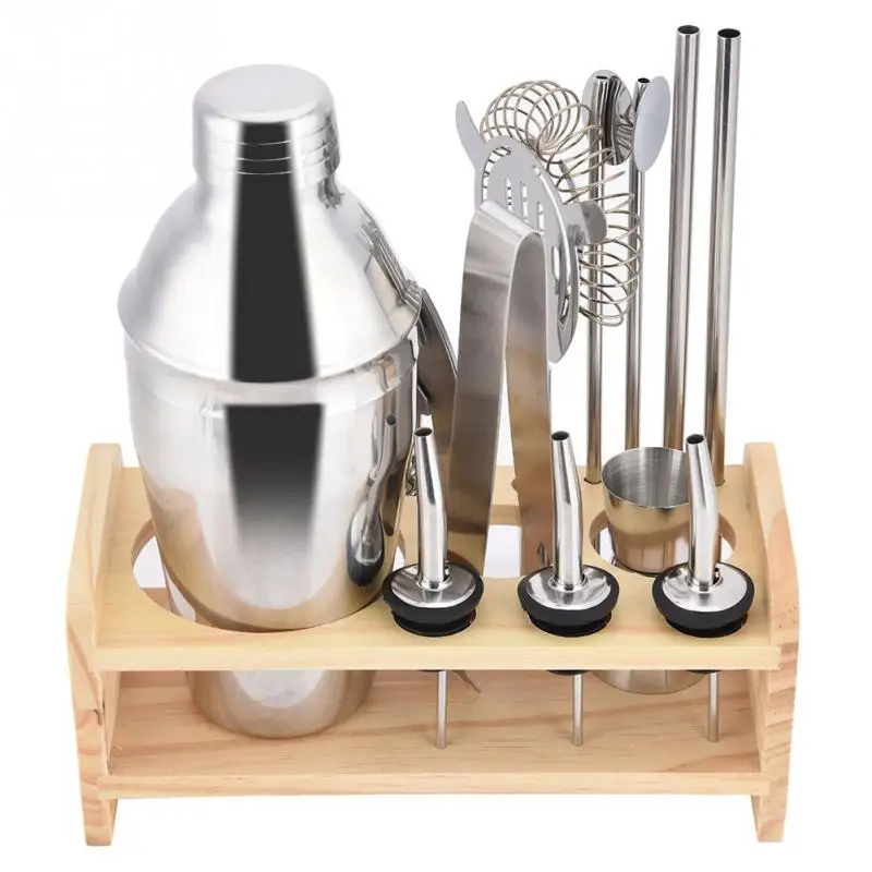 

13pcs Stainless Steel Cocktail Shaker Mixer Drinker with Wood Stand Drinking Tool Bar New product