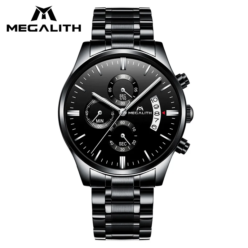 

MEGALITH Fashion Mens Watches Waterproof Date Calendar Chronogra Business Sports Wrist Watches Black Stainless Steel Watch Men