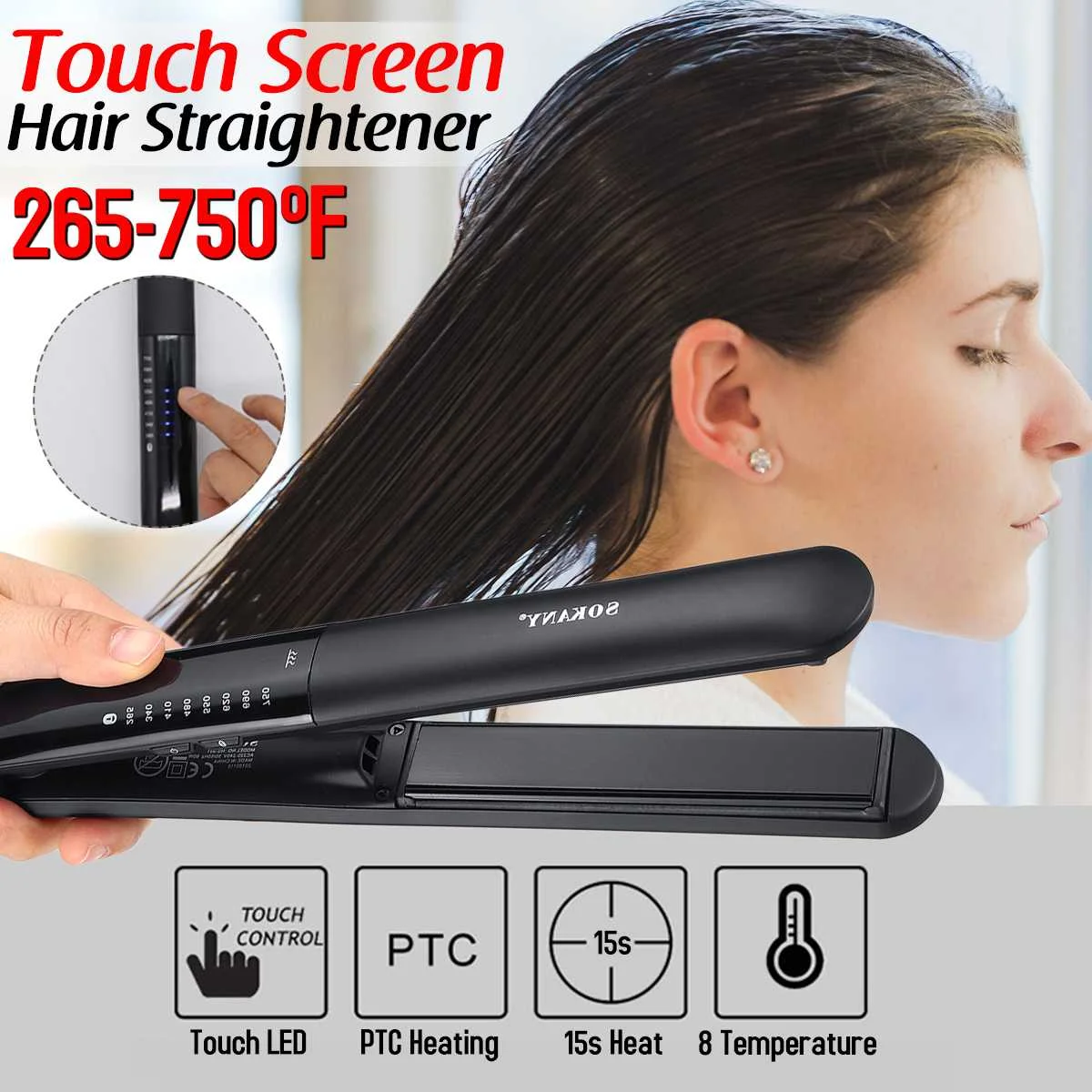 

60 w 265F-750F Hair Styling Straightener Ceramic Digital Touch-Screen Adjustable Temperature 110-220v Dry/Wet 360 Rotating