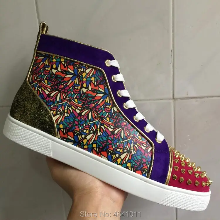 

High-top Leisure shoe cl andgz Lace-Up Blue butterfly Graffit Rivets Red bottom For man Shoes sneakers Leather Flat Loafers 2018