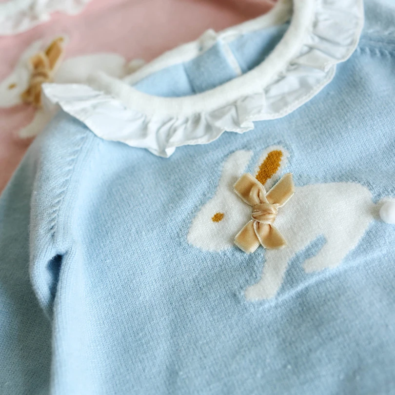 Детские свитера с вышивкой кролика; сезон осень-зима; удобные вязаные пуловеры с длинными рукавами; топы для детей; детская верхняя одежда