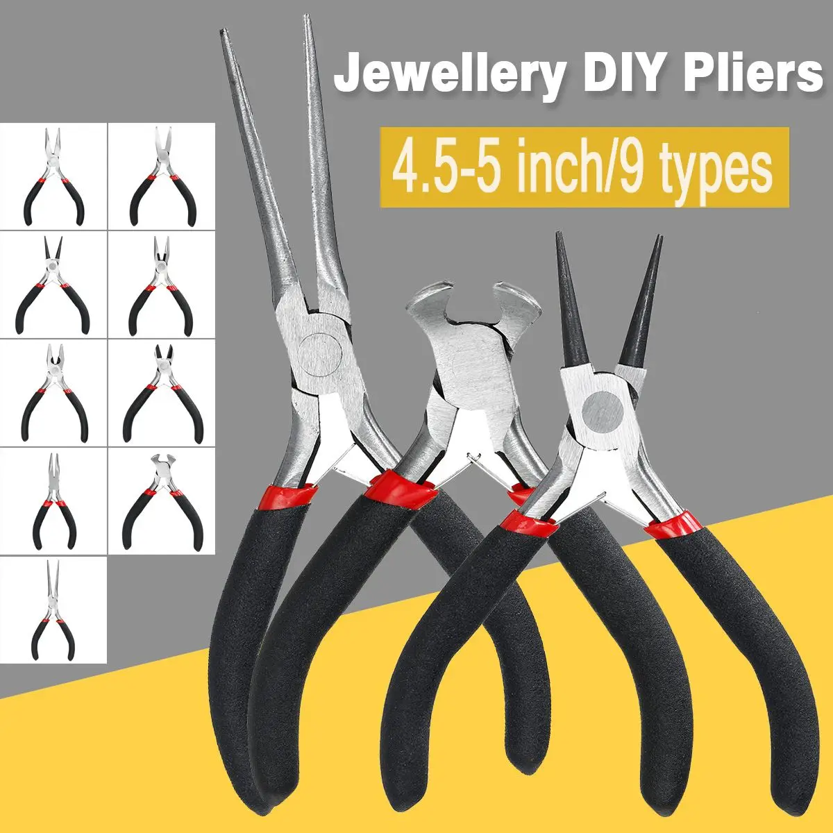 

9 Types Jeweler Pliers DIY Tool Set Round Long Bent Daigonal Side Cutter End Cutting Nose Jewelry Making Beading Wire Tool