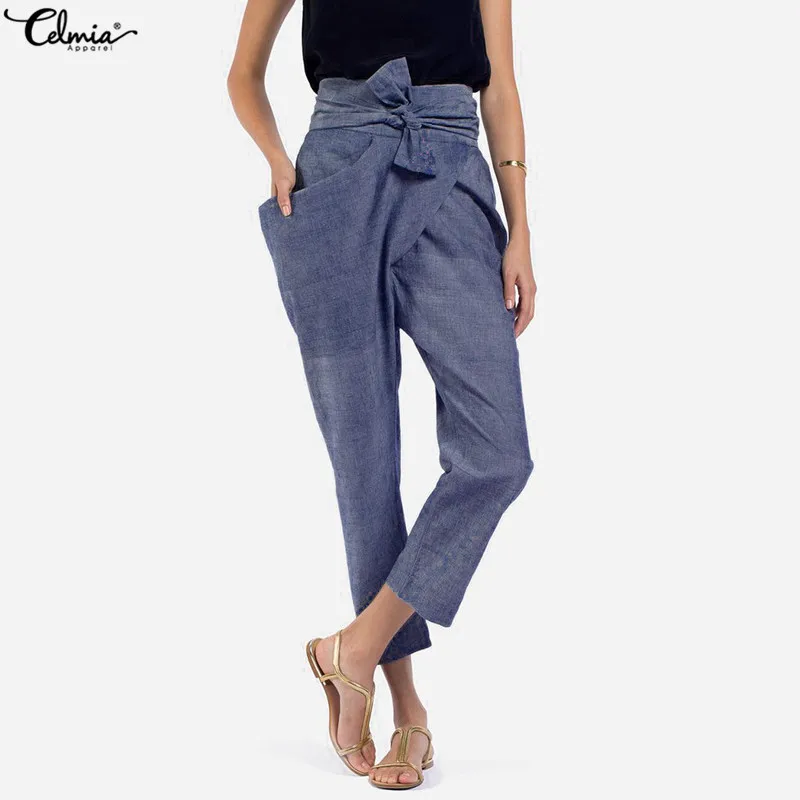 

2019 Spring Celmia Plus Size Women High Waist Trouser Casual Bow Belted Pants Irregular Pockets Long Palazzo Carrot Pants S-5XL