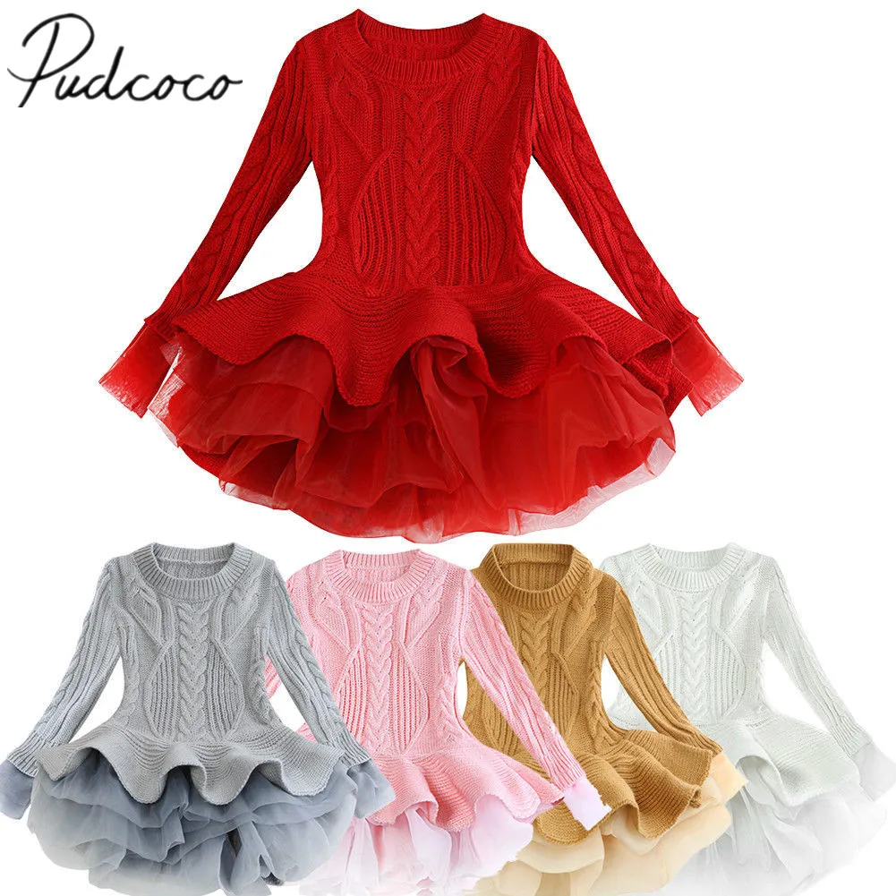 Infant Baby Toddler Girls Clothes Knitting Wool Dress Tops 0-2 Years Old Long Sleeve Bow Tutu Princess Dress
