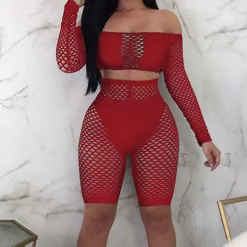 

Sexy Women's Long Sleeve See Through Mesh Fishnet Crop Top T-Shirt + Panties Set