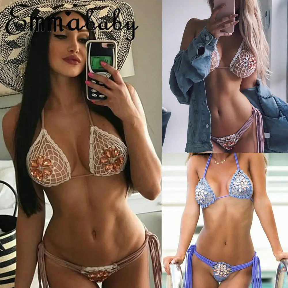 Sexy Women Crystal Bikini Set Bandage Crochet Knitted Swimwear Swimsuit Bathing