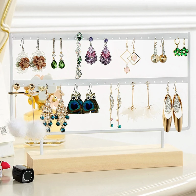  Wood 44 Holes Earrings Organizer Holder Necklaces Rack 2 Layers Jewelry Display Stand Jewelry Acces