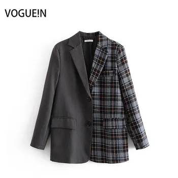 

VOGUEIN New Womens Boyfriend Plaid Splicing Long Sleeve Blazer Suit Coat Outwear Wholesale