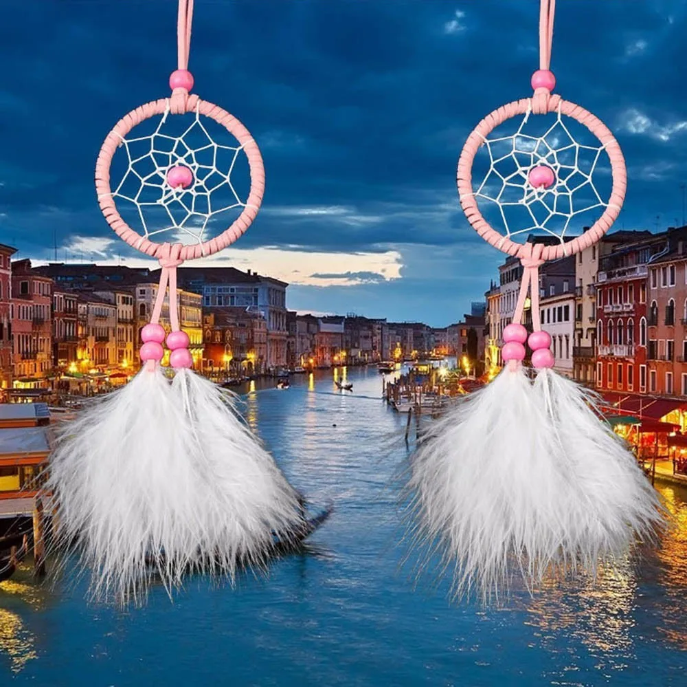 

Car Pink Dream Catcher Girls Dreamlike Feather Dreamcatcher Home Room Decor Tassel Creative Wind Chimes Hanging Decorations