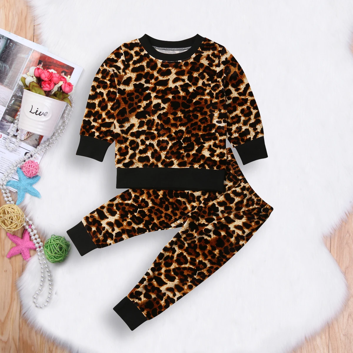 

Fashion Toddler Kids Baby Girls Leopard Warm Clothes Tops Pants Autumn 2PCS Outfit Set