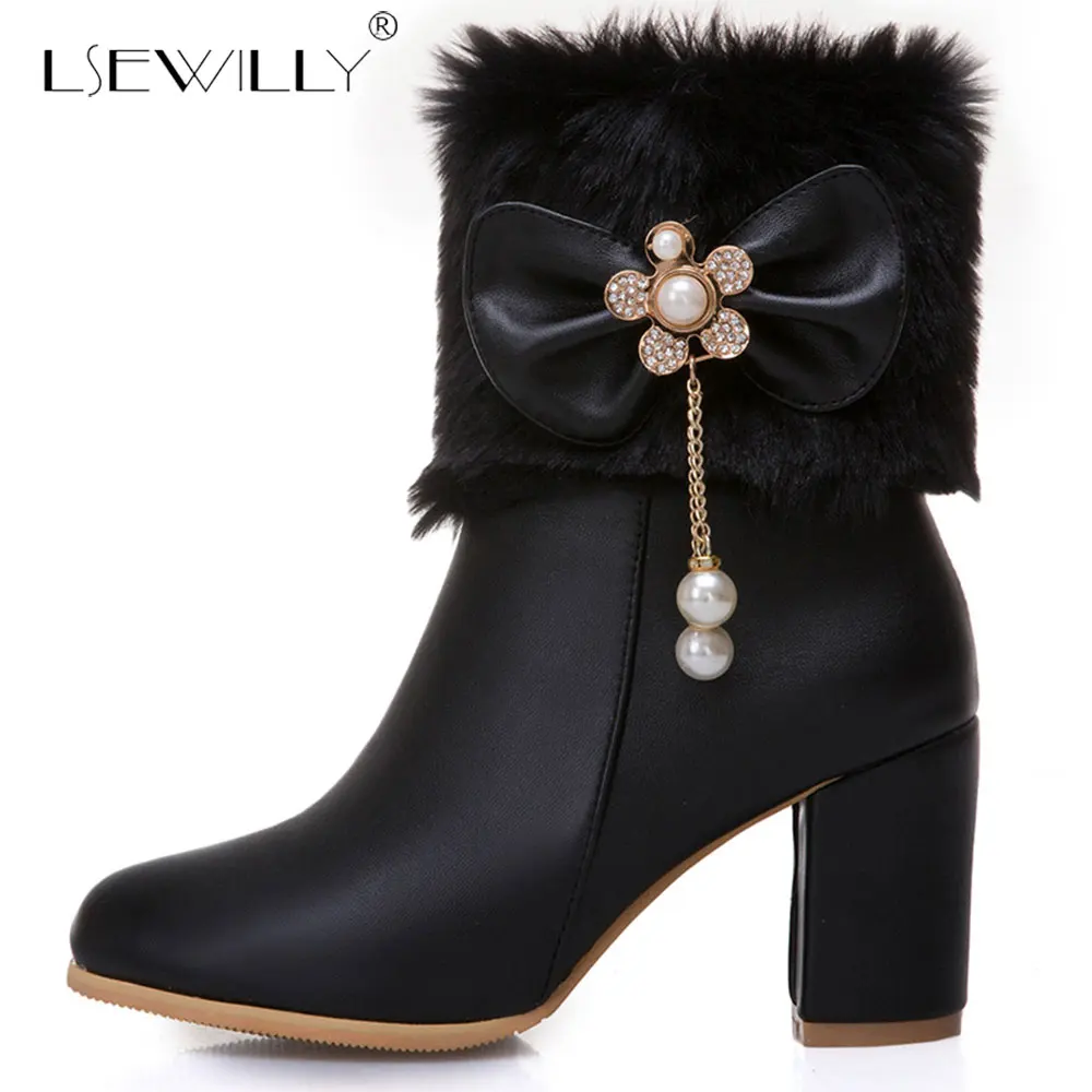 Lsewilly/Для женщин на Высоком толстом каблуке с боковой молнией ботильоны зимняя обувь с круглым носком черный, белый цвет полусапожки плюс Размеры 33-52 E319