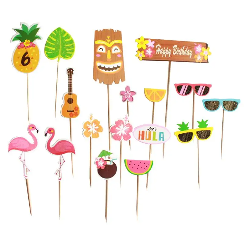 

18pcs Cake Toppers Flamingo Hawaii Theme Decorative Cake Toppper Paper Toppper for Birthday Party Tropical Party