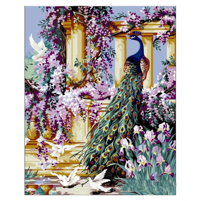 

16X20inch ACRYLIC PAINT BY NUMBERS KIT OIL PAINTING ON CANVAS PICTURE Garden with peacocks