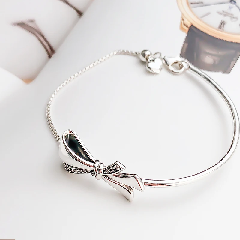

Brilliant Bow Bracelet Argent 925 Sterling Silver Clear CZ Femme Bracelets Bangles for Women Original Jewelry pulseras mujer