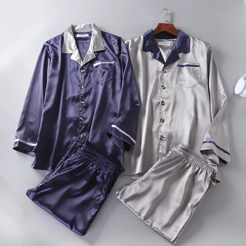 New Imitation Silk Mens Pajama Set Long Sleeve Solid Pajamas Men Leisure Suits Button Sleepwear Luxury Clothing for 90kg | Мужская