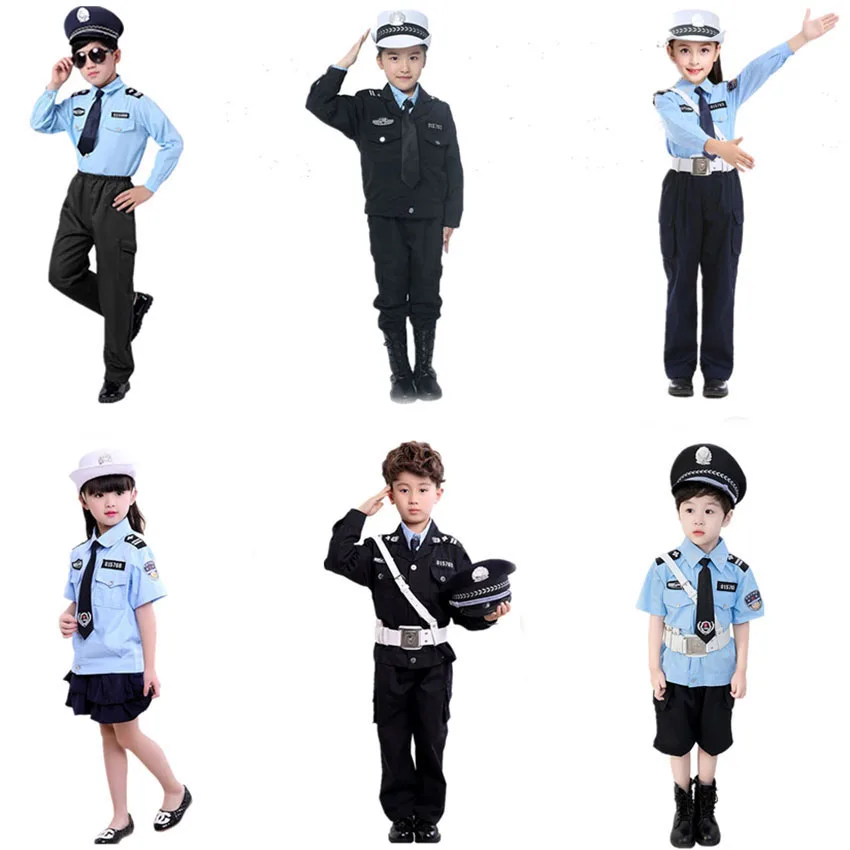

Cosplay Disguise Role Play Policemen Carnival Halloween Costume for Kids Party Fancy Toys Traffic Police Uniform with Cap Set