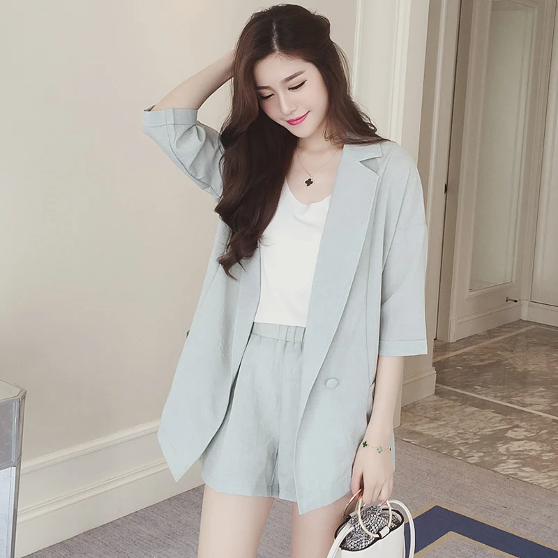 

Office Lady Women Cotton Linen Blazer Shorts Suit Set Half Sleeve Jacket Coat+high Waist Pocket Mini Pant Suits Female Tracksuit