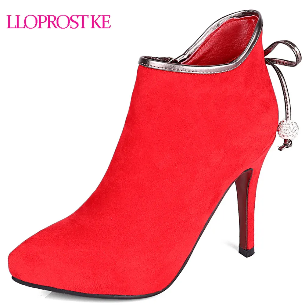 

Lloprost ke Winter New Ankle Boots Fashion Thin High Heels Sexy Motorcycle Boots Flock Ladies Wedding Party Shoes Black Red D704