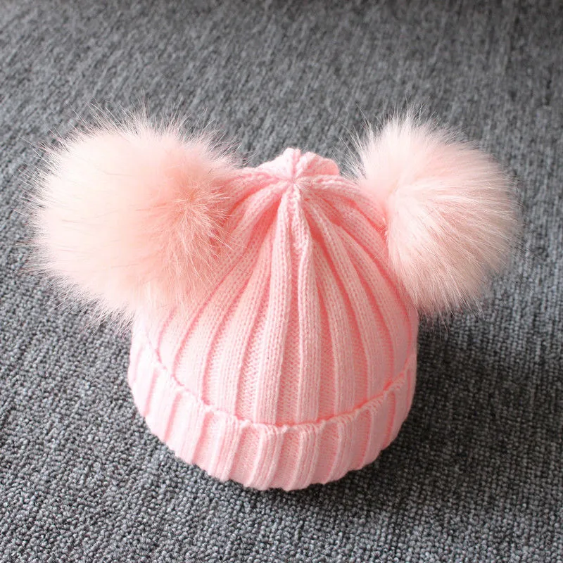 

Dual Ball Winter Warm Cute Newborn Kids Boy Girls Crochet Baby Hat Unisex Pompom Real Fox Fur Ball Beanies Baby Cap