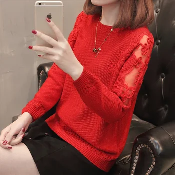 

Spring and Autumn 2018 New Women's Ice Silk Knitted sweaters Long Sleeve Korean Loose Pullover Lace Base Sweater RE0983