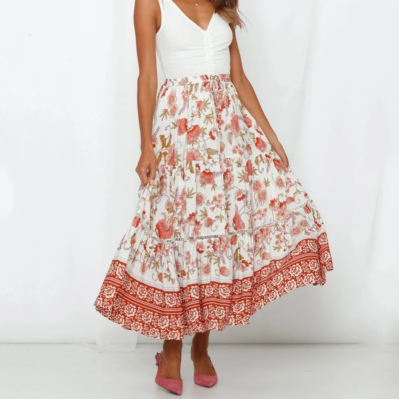 BEFORW 2019 Boho Floral Print Long Skirt Women Lace Up Summer Beach Casual Maxi Skirts Female Skirt BEFORW 2019 Boho Floral Print Long Skirt Women Lace Up Summer Beach Casual Maxi Skirts Female Skirt