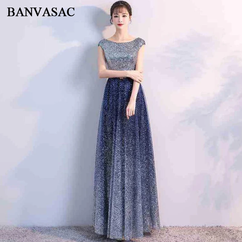

BANVASAC Starry Sky O Neck Short Cap Sleeve A Line Long Evening Dresses Party Crystal Sash Backless Prom Gowns