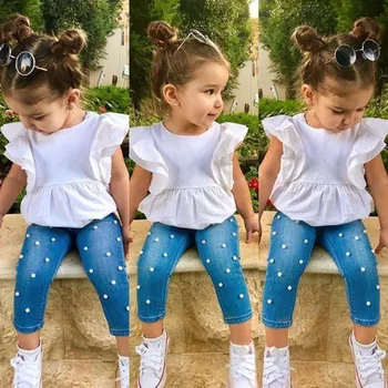 

2-7T Toddler Kids Baby Girls Fashion Clothes set Ruffles Short Sleeve Cotton Top T-shirt Denim Long Pants Outfits Streetwear