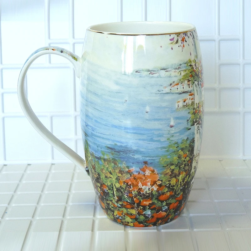 

High quality bone china self stirring coffee mug LSea view villa oil painting 700ml Birthday Holiday Gift
