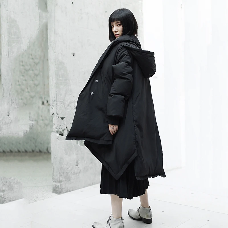 [EAM] 2019 New Spring Hooded Long Sleeve Black Loose Dovetail Large Size Cotton-padded Coat Women Parkas Fashion JK109