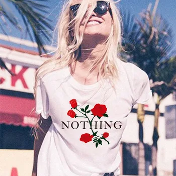 

Nothing Letter Rose Print T Shirt Women Short Sleeve O Neck Loose White Tshirt 2019 Summer Women Tee Shirt Tops Camisetas Mujer