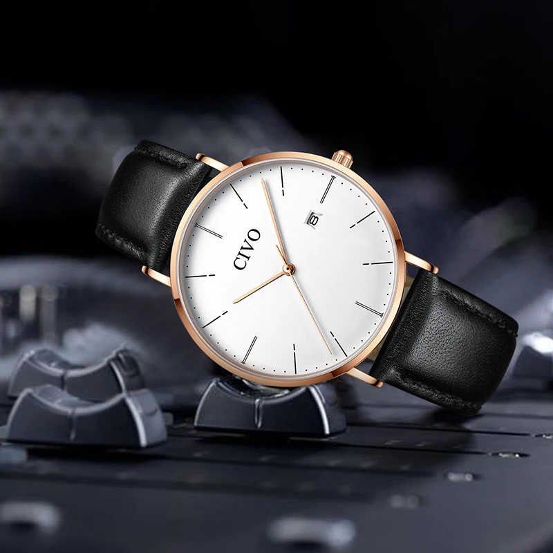 

CIVO Fashion Genuine Leather Watch For Men Top Brand Luxury Waterproof Quartz Wristwatch Ultra Thin Analogue Watches Men
