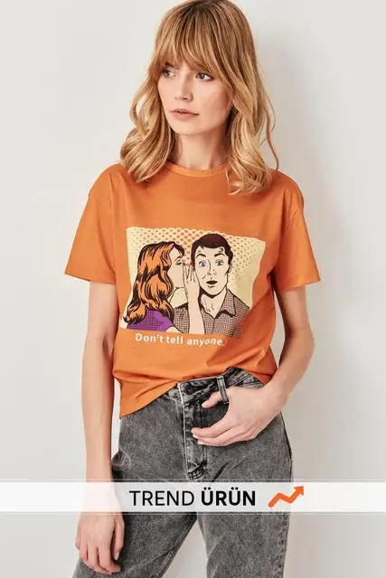 US $8.88 Trendyol Women's cotton t-shirts Mustard Printed Knitted top for women Basic T-Shirt TWOSS19VG0126