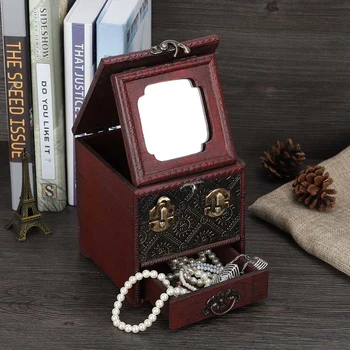 

Chinese Style Vintage Wooden Double Layers drawer Jewelry Makeup Organizer Display Box Case Storage Organizer with Mirror