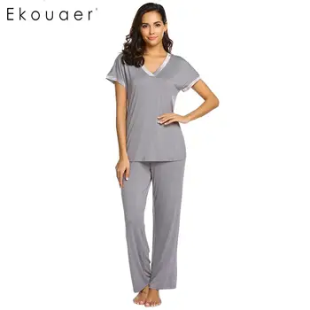 

Ekouaer Pajama Sets Sleepwear Women Casual V-Neck Short Sleeve Tops Middle Waist Pants Loose Pajamas Set Nightwear Home Clothes