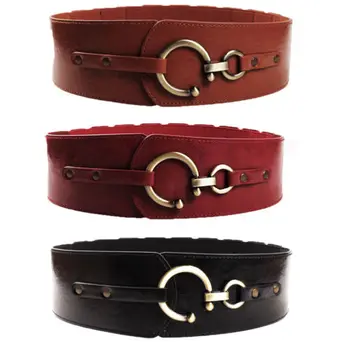 

Women Adjustable Metal Waist Belt PU Leather Bling Gold Plate Slim Simple Belt Clothing Decoration