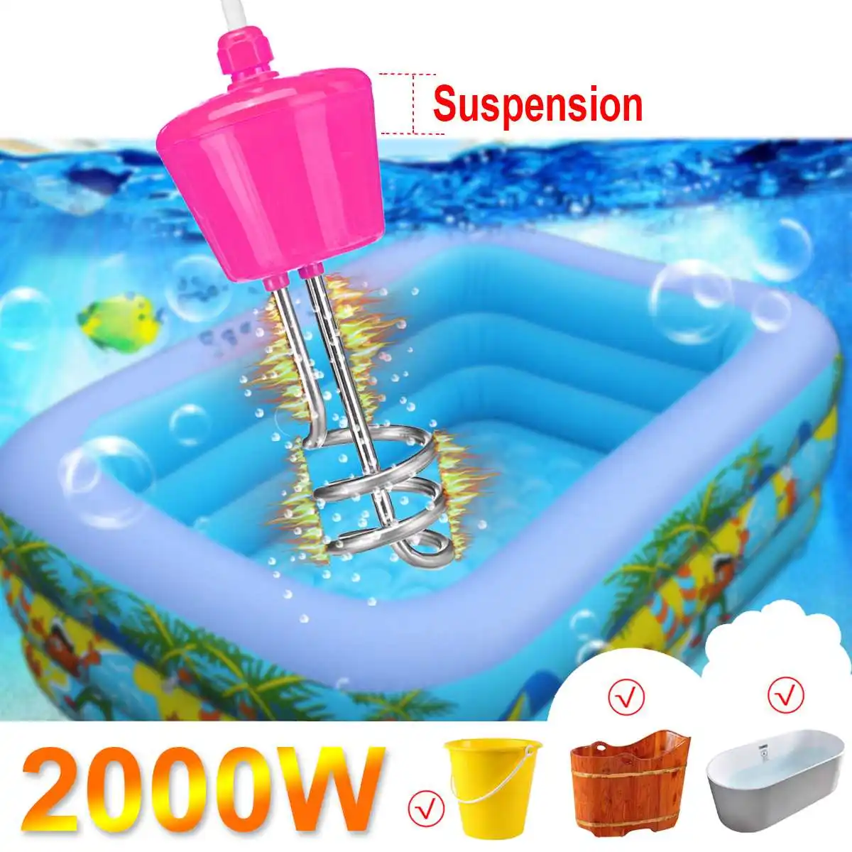 

2000W 2M Portable Suspension Electric Immersion Water Heater Element Boiler for Inflatable Pool Tub Travel Camping Picnic Travel