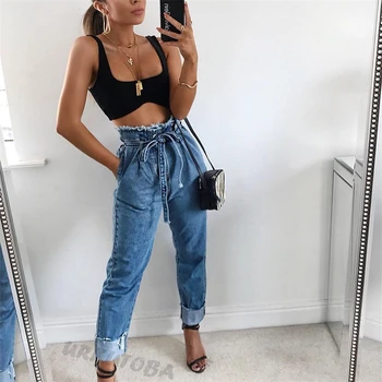 

2019 Women Blue Black Jeans Drawstring Elastic Waist Stretch Denim Pencil Trousers