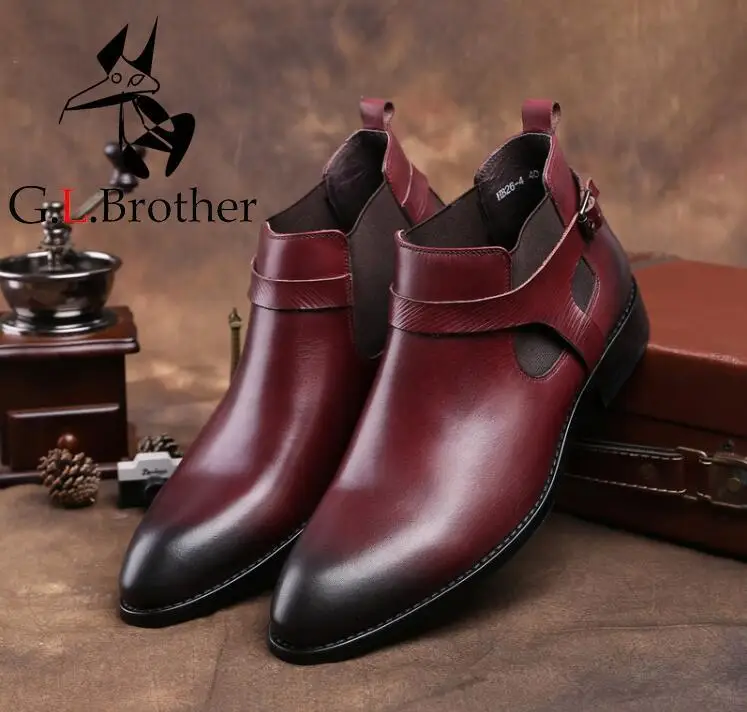 

Genuine Leather Roman Boots Men's Shoes Formal Business Smart Casual High Top Shoes Buckle Strap Elastic Band Cut-out Ankle Boot
